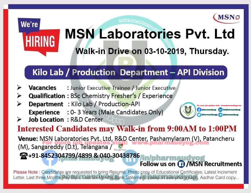 MSN Laboratories Walkin at Hyderabad for BSc Freshers and