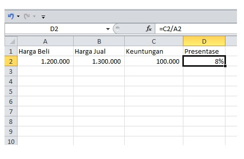 cara hitung presentase untung di excel