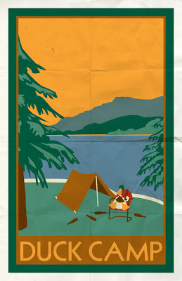 illustration of duck camping vintage poster style