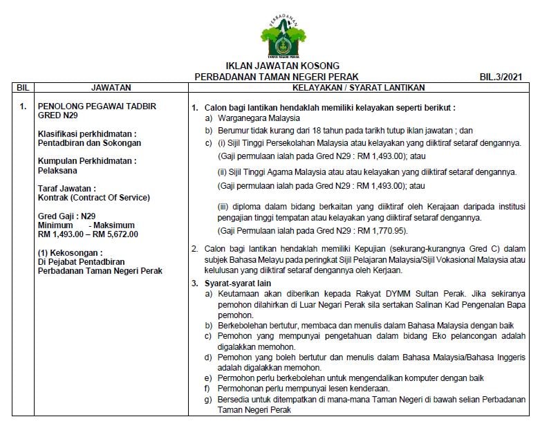 Jawatan Kosong di Perbadanan Taman Negeri Perak 10 Disember 2021