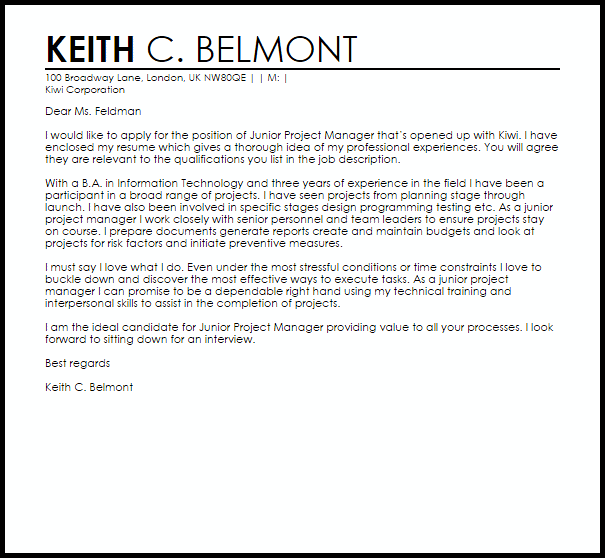 Junior Project Manager Cover Letter Sample Sample Letter
