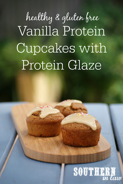 Gluten Free Vanilla Protein Cupcakes with Protein Glaze | healthy, low fat, gluten free, high protein, low carb, clean eating friendly, refined sugar free