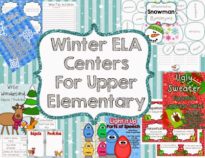 *Winter Fact & Opinion task cards with recording sheet & key *Winter Wonderland Subjects & Predicates with recording sheet & key *Light It Up Parts of Speech with recording sheet and key *Differentiated Snowman Synonyms with recording sheet & key *Ugly Sweater Figurative Language Party with recording sheet & key