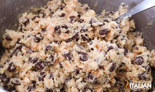 closeup: unbaked chocolate chip cookie dough