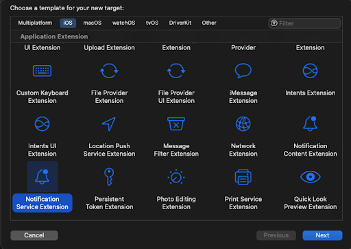 To log alert notifications delivery, you first need to add a Notification Service Extension to your project in Xcode