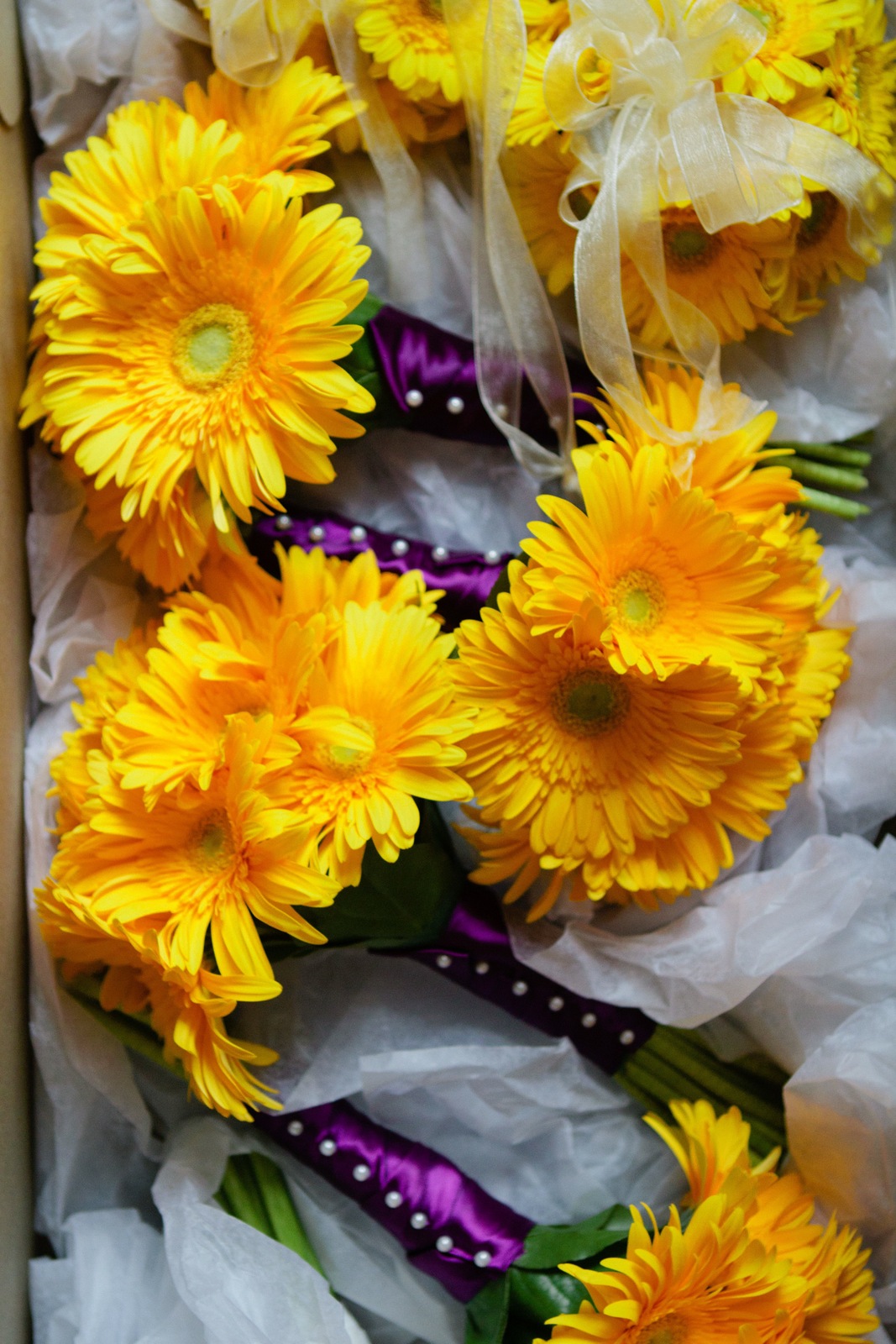 Yellow Gerbera Daisy Bridesmaids Bouquets by Lane & Lenge - Photo Courtesy of Brian Samuels Photography