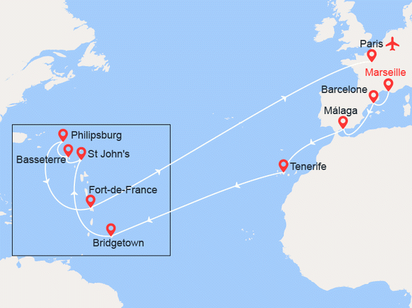 Détail du trajet du navire au départ de Marseille, vers les Caraibes en passant par Malaga et Tenerife