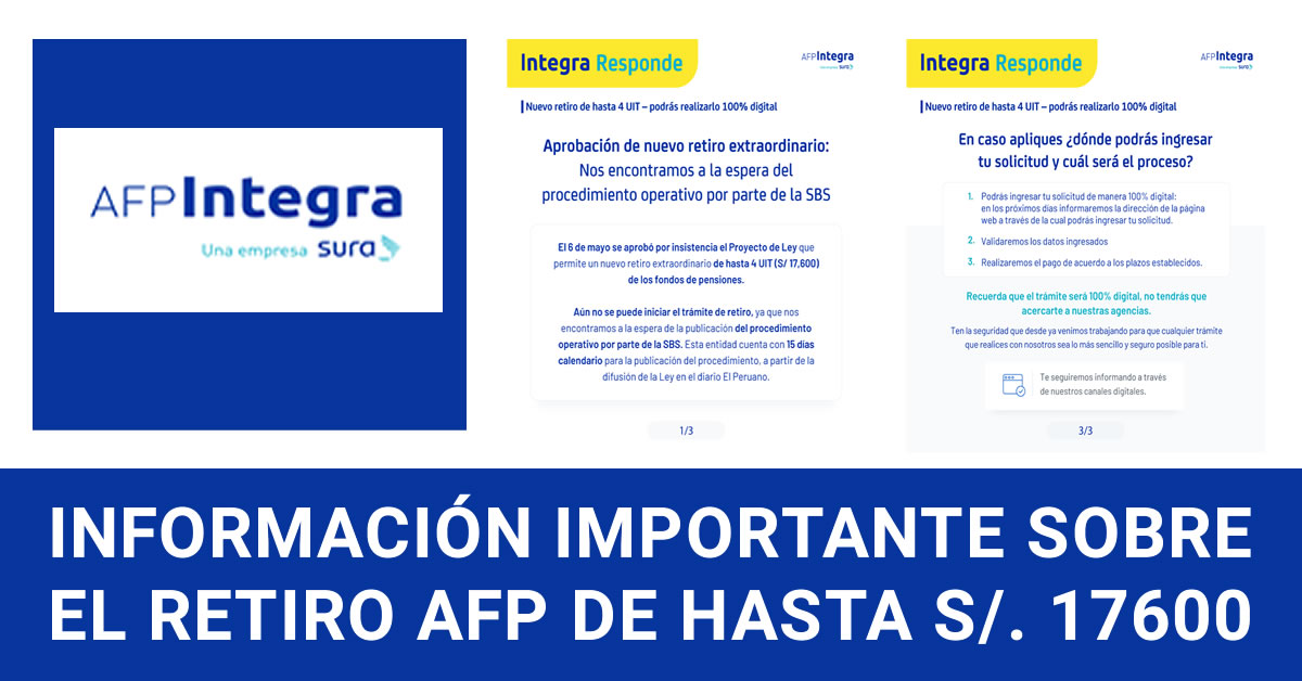 AFP INTEGRA Comunicado sobre el nuevo retiro de AFP de hasta 17,600 soles