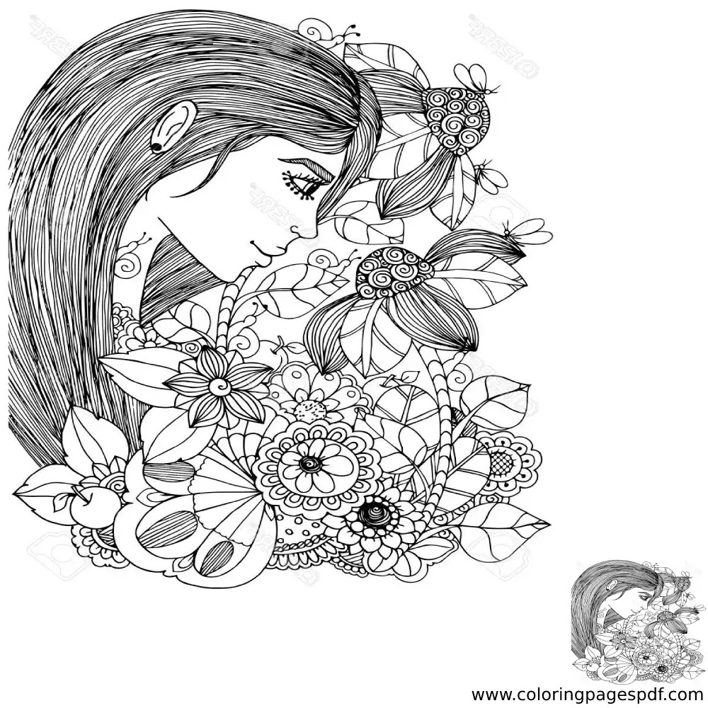 Coloring page of a woman looking at flowers mandala