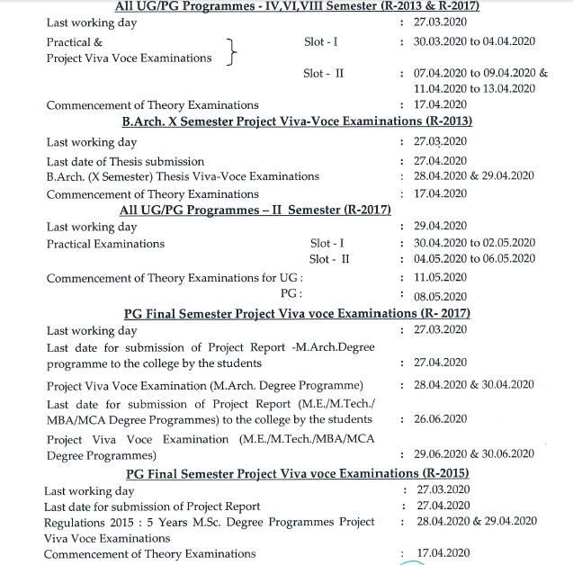 Anna university UG and PG april /may 2020 examinations time table