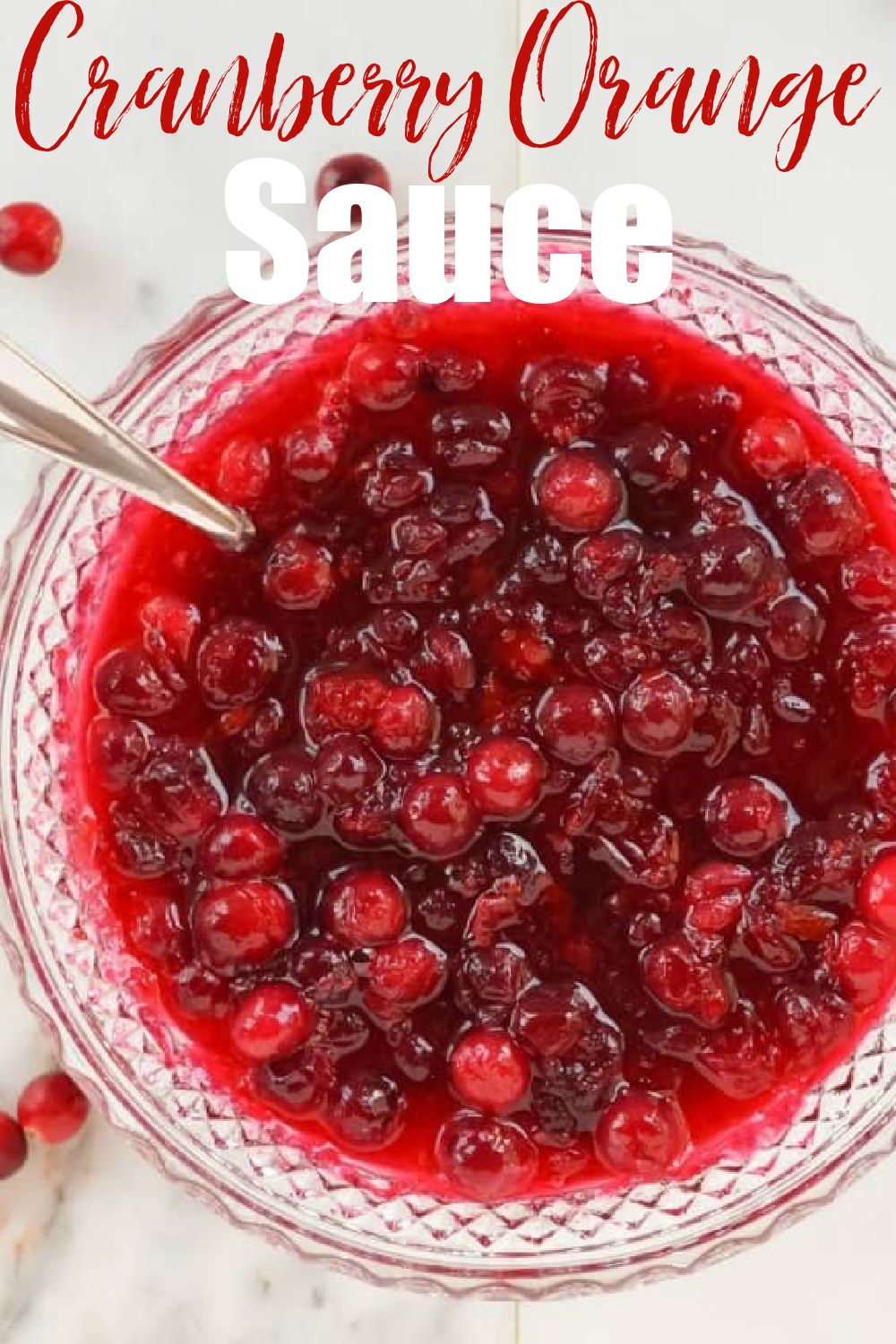 A down shot of a crystal bowl full of Cranberry Orange Sauce.
