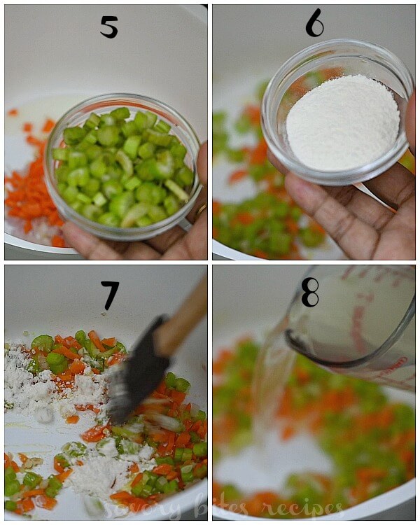 how to make lemon chicken orzo soup - add celery,flour,stock