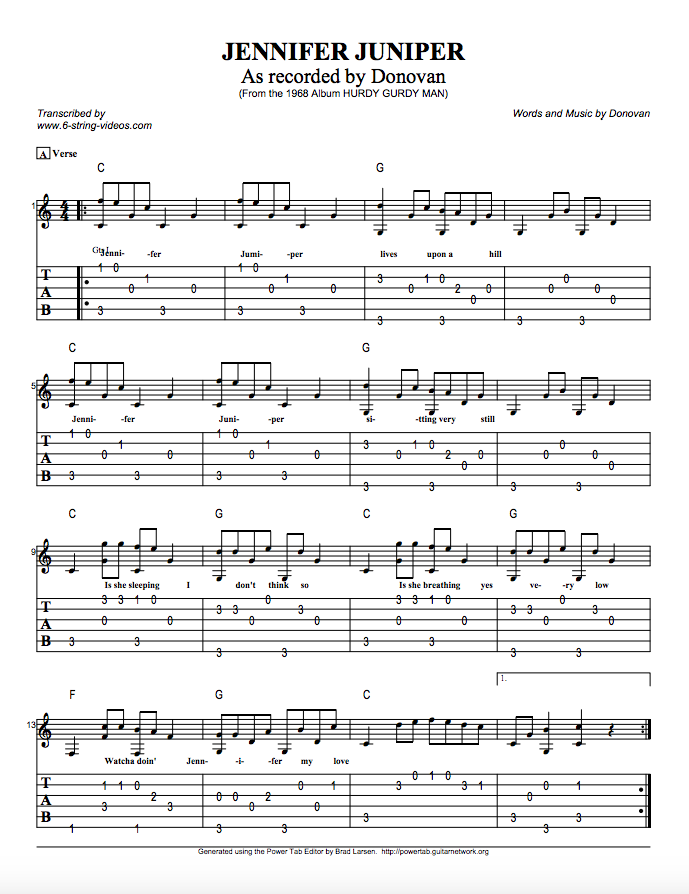 Guitar Tabs Tabs And Song Sheets For Jennifer Juniper by Donovon