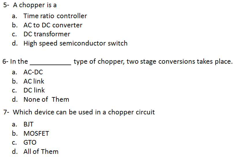 ITI Electronics Mechanic 2nd Year MCQ Chapter Chopper AC Link and DC