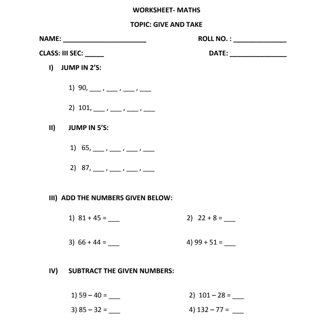 maths worksheet for class 3 kvs