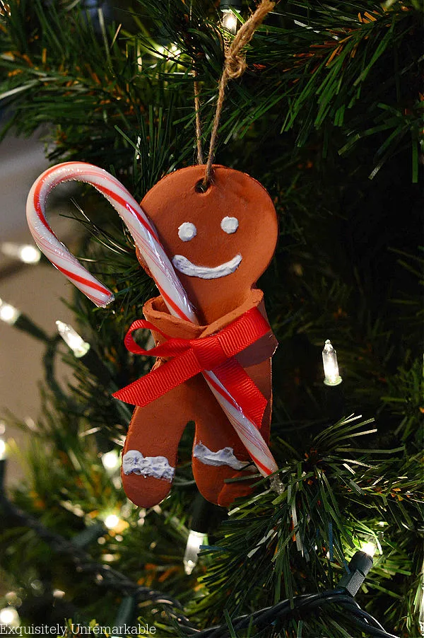 Gingerbread Man Holding Candy Cane Ornament DIY On Tree
