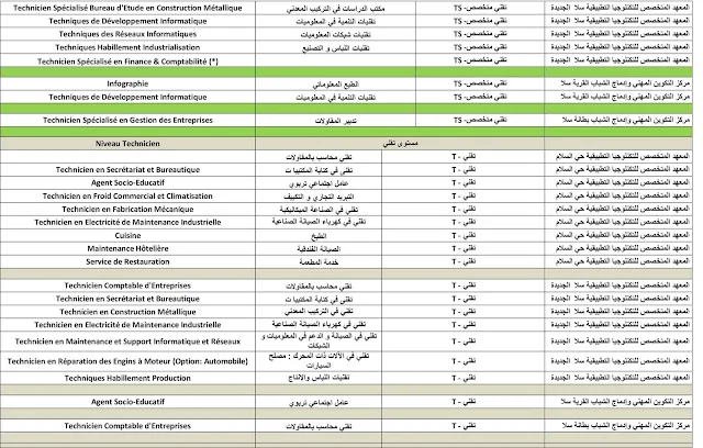 لائحة الشعب المتوفرة بمركب التكوين المهني بسلا