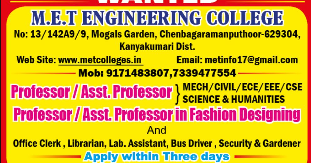 MET Engineering College, Kanyakumari Wanted Professor/Assistant