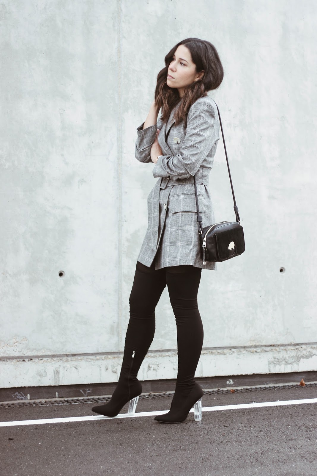 blazer dress over knee boots