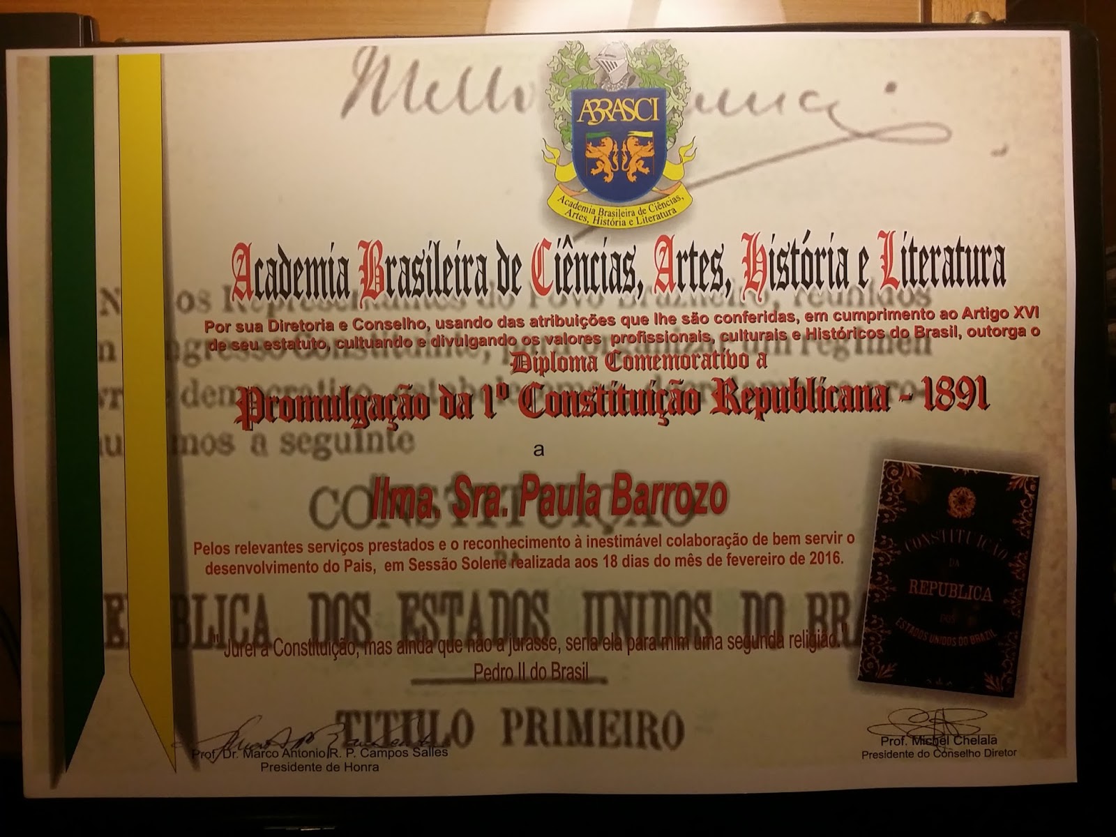 PAULA BARROZO - ABRASCI -  Diploma Comemorativo a Promulgação da 1ª Constituição Republicana em 189