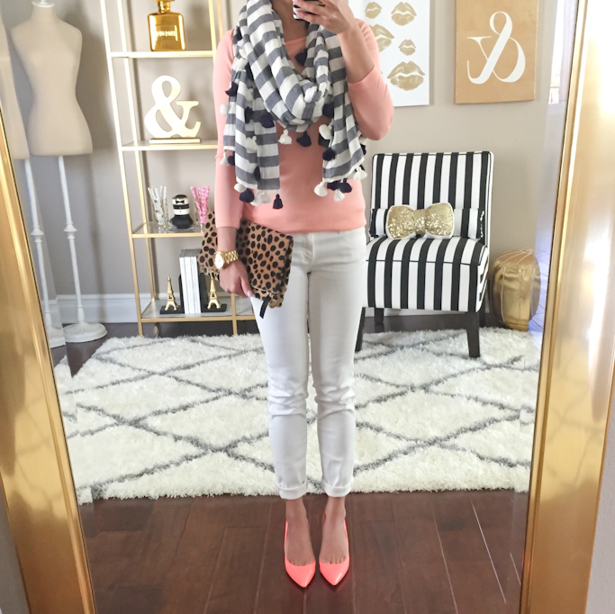 Ann Taylor stripe tassel scarf white jeans Jcrew neon peach pumps Clare V leopard foldover clutch