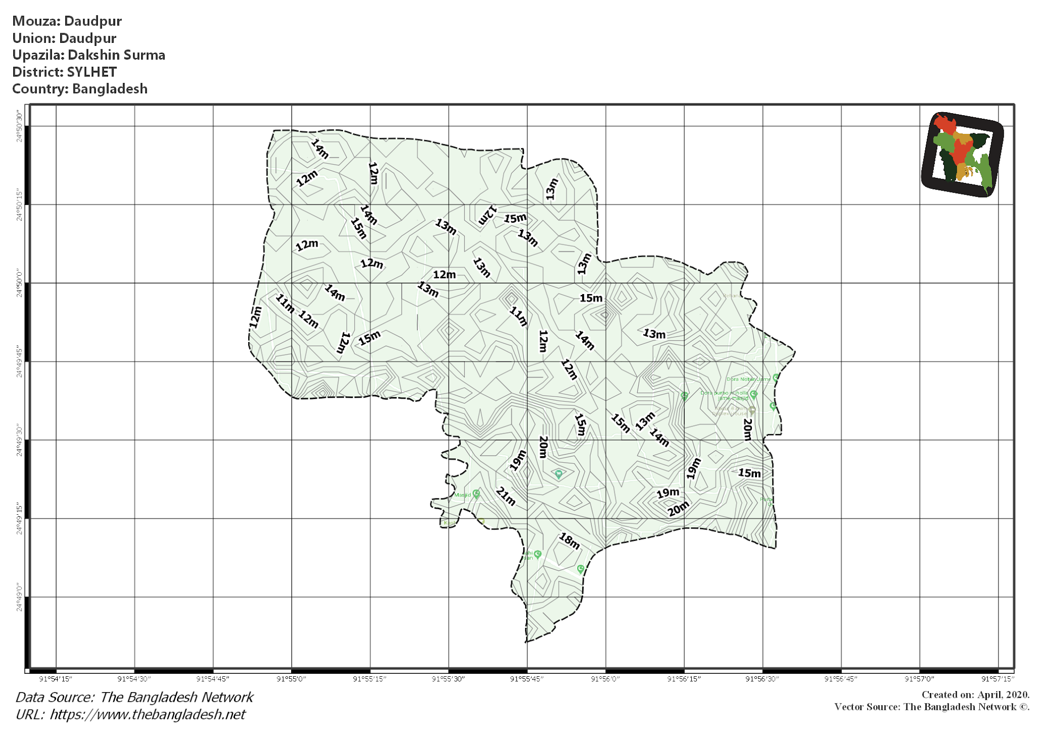 Map of Daudpur Mouza of Dakshin Surma Upazila, SYLHET, Bangladesh.