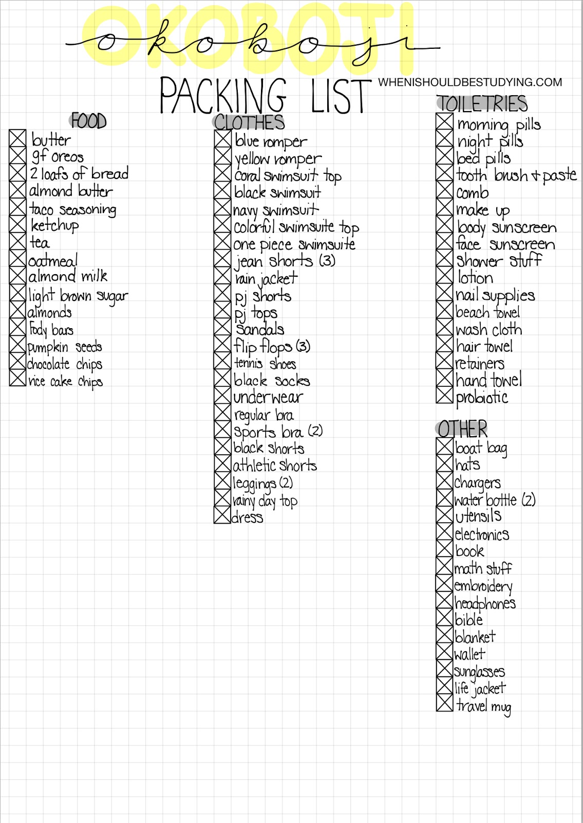 Bullet Journal Packing Lists