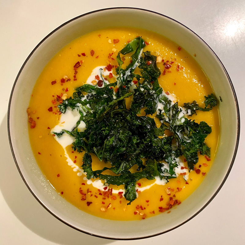 CARROT SOUP WITH LENTILS AND KALE CHIPS - Read more »