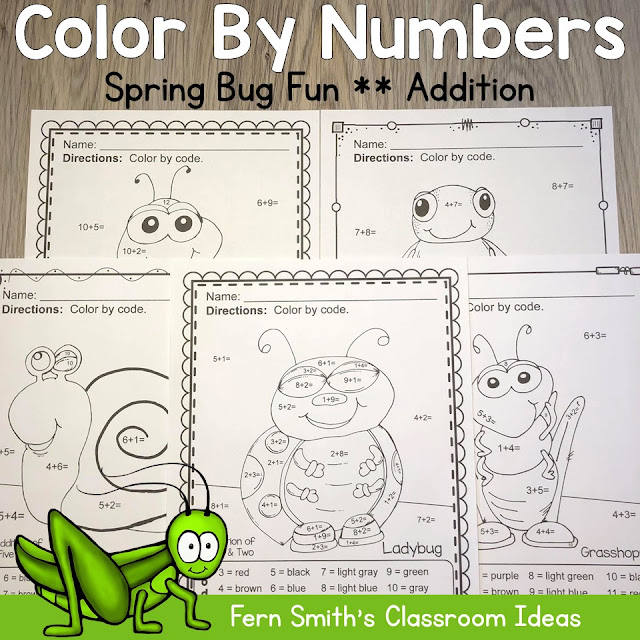 Looking For Some New Spring Addition Color By Numbers for Your Class? Color By Numbers Spring Bug Fun Addition Resource. FIVE Color By Numbers Addition Spring Bug Fun with Numbers - Color By Numbers Printables for some Spring Math Fun in your kindergarten or first grade classroom! #FernSmithsClassroomIdeas