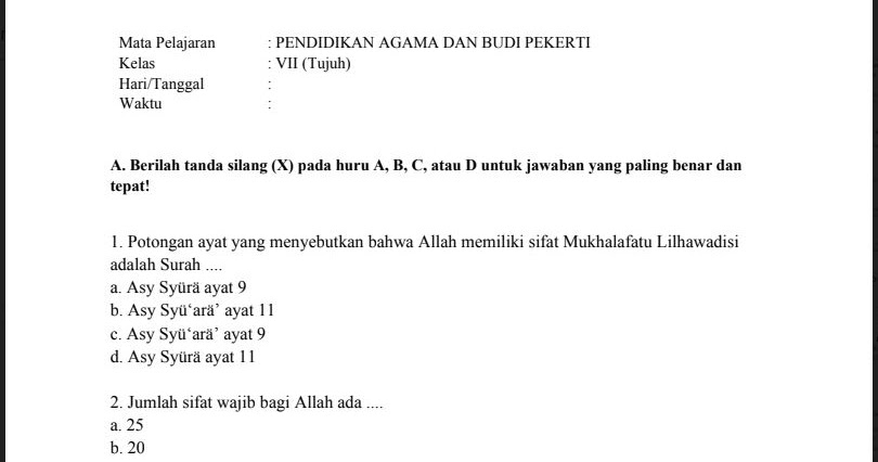 Soal Pts Pendidikan Agama Dan Budi Pekerti Kelas 7 Sem 1 K 2013 Soal Pelajaran