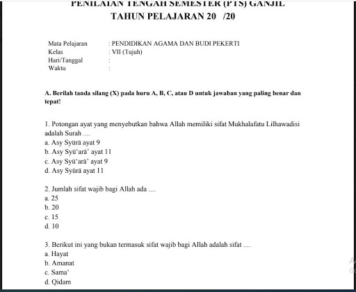 Soal Pts Pendidikan Agama Dan Budi Pekerti Kelas 7 Sem 1 K 2013 Soal Pelajaran