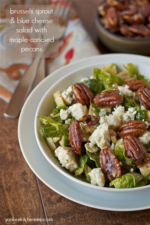 Brussels sprout and blue cheese salad with maple candied pecans
