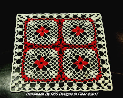  Bright Fiesta Red Flowers in White Lace - Square Doily - Handmade Thread Crochet By Ruth Sandra Sperling at RSS Designs In Fiber