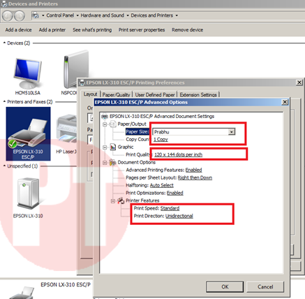 McCamish Receipt settings for EPSON LX-310 Printer