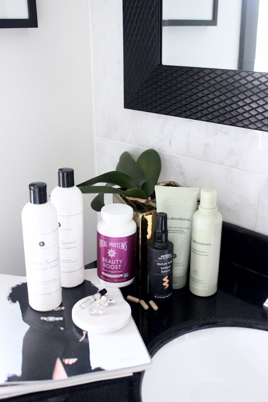 4 secrets to gorgeous, full hair- AVEDA texture tonic, LOVEFRESH organic shampoo, AVEDA Abundance Shampoo, Vital Proteins Beauty Boost Capsules 