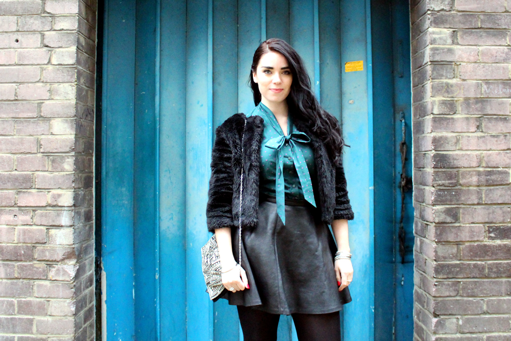 London fashion blogger Emma Louise Layla in TM Lewin turquoise pussy bow blouse - style blog