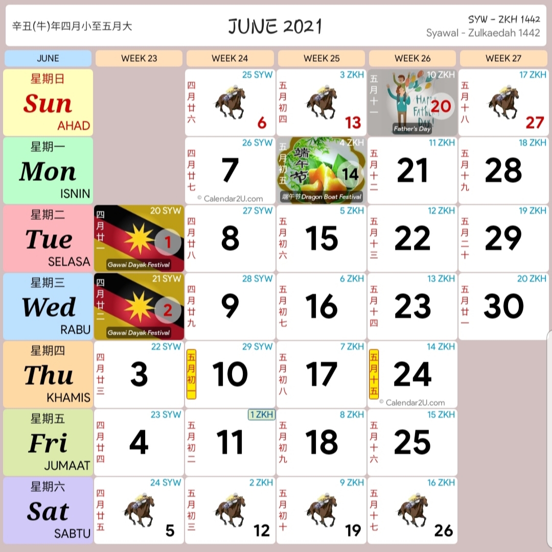 kalender kuda Malaysia bagi bulan 6 (jun) tahun 2021