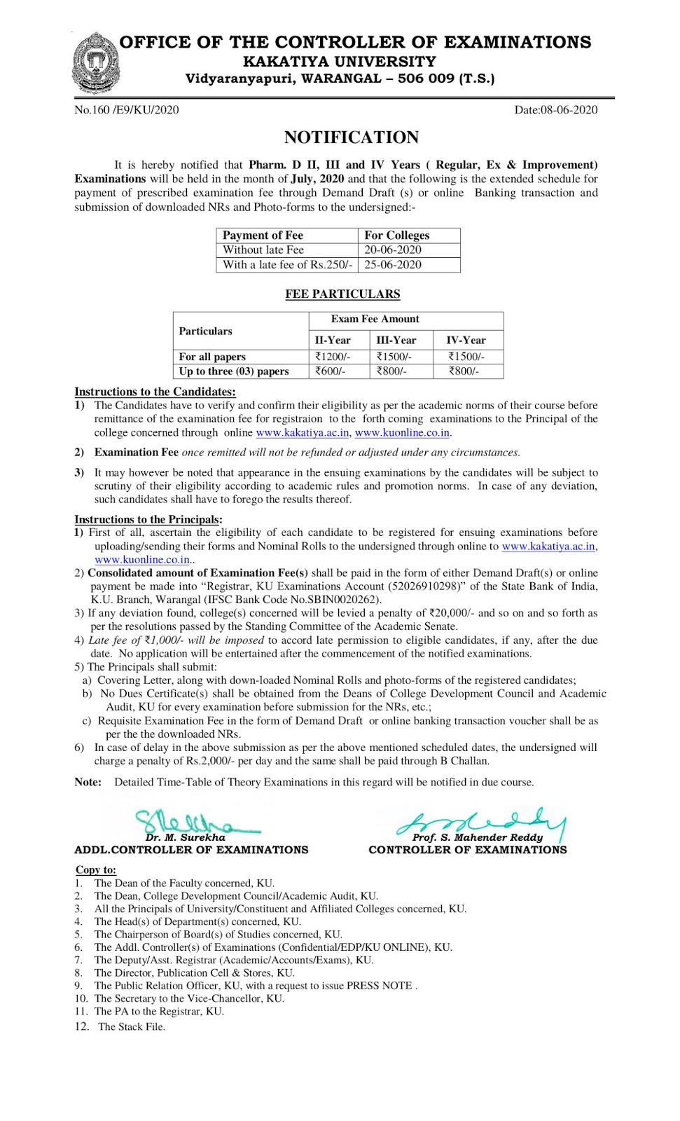 kakatiya university pharm.d 2nd to 4th year july 2020 exam fee notification