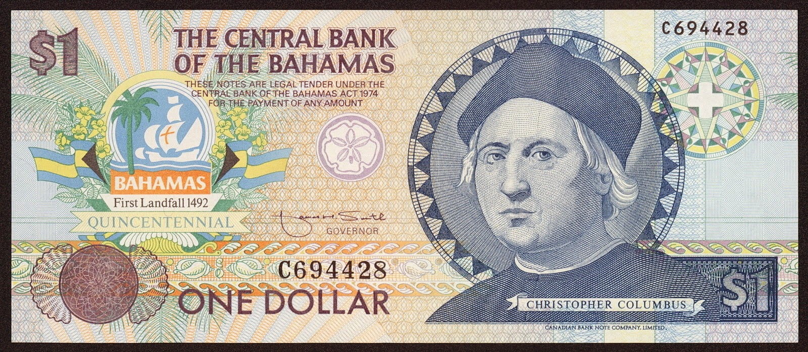 Bahamas 1 Dollar Commemorative Banknote 1992 Christopher ColumbusWorld