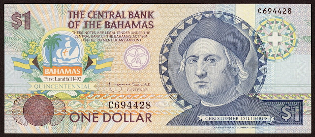 Bahamas Banknotes One Dollar Commemorative Bank Note 1992 Quincentennial of First Landfall of Christopher Columbus