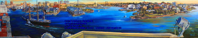 Plein air oil painting of Sydney harbour and the tallship James Craig from the bridge of a cargo ship docked at the East Darling Harbour Wharves, now Barangaroo, painted by marine artist Jane Bennett