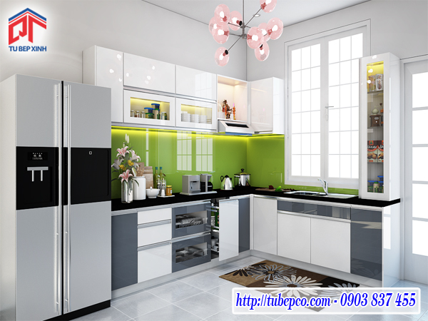 tủ bếp acrylic, tủ bếp chữ L, tủ bếp đẹp, nội thất nhà bếp