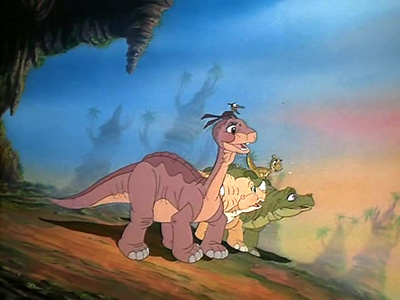 three cute dinosaurs in The Land Before Time 1988 animatedfilmreviews.filminspector.com