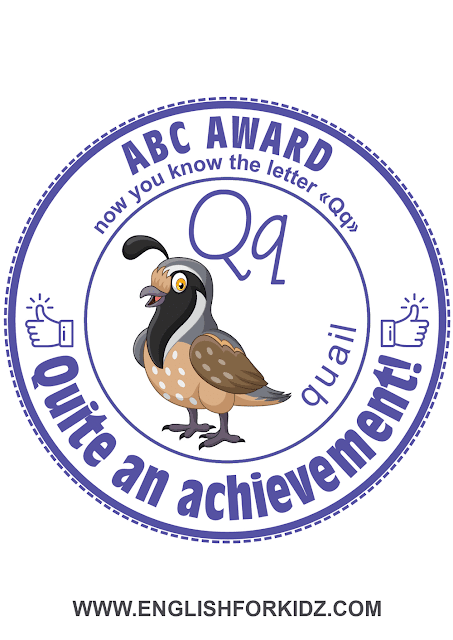 Printable award for ABC learning -- letter q is for quail
