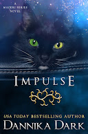 Impulse book cover depics a black cat with one gold eye and one green, casually lying on a leather chair, ready to be booped on the nose. Light sparkling above him.
