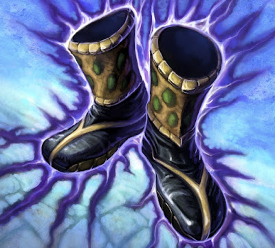 Um tipo de bota ou sandália preta com raios roxos saindo dela