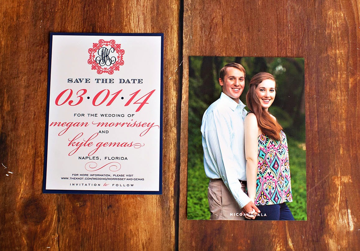 Coral and navy save the date