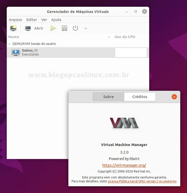 virt-manager executando no Ubuntu 21.10 (Impish Indri)