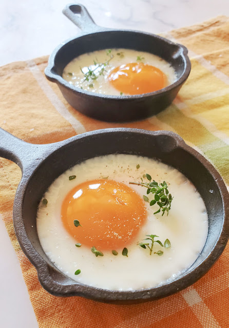 Fried eggs in mini cast iron skillets