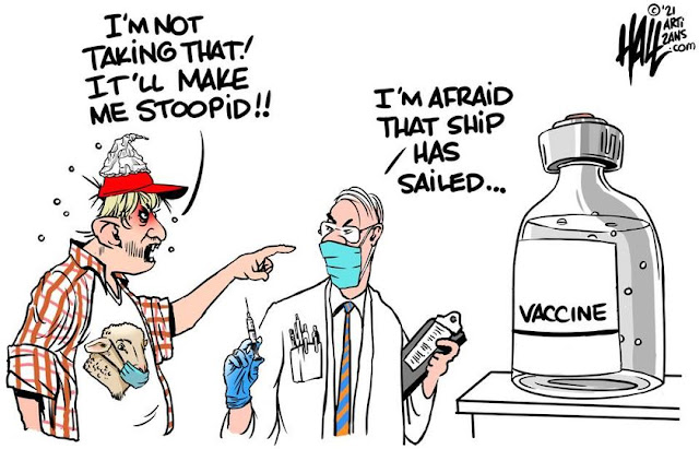 Red-hatted man wearing a tin-foil hat on top of his baseball cap points at vaccine bottle and says to docture, 